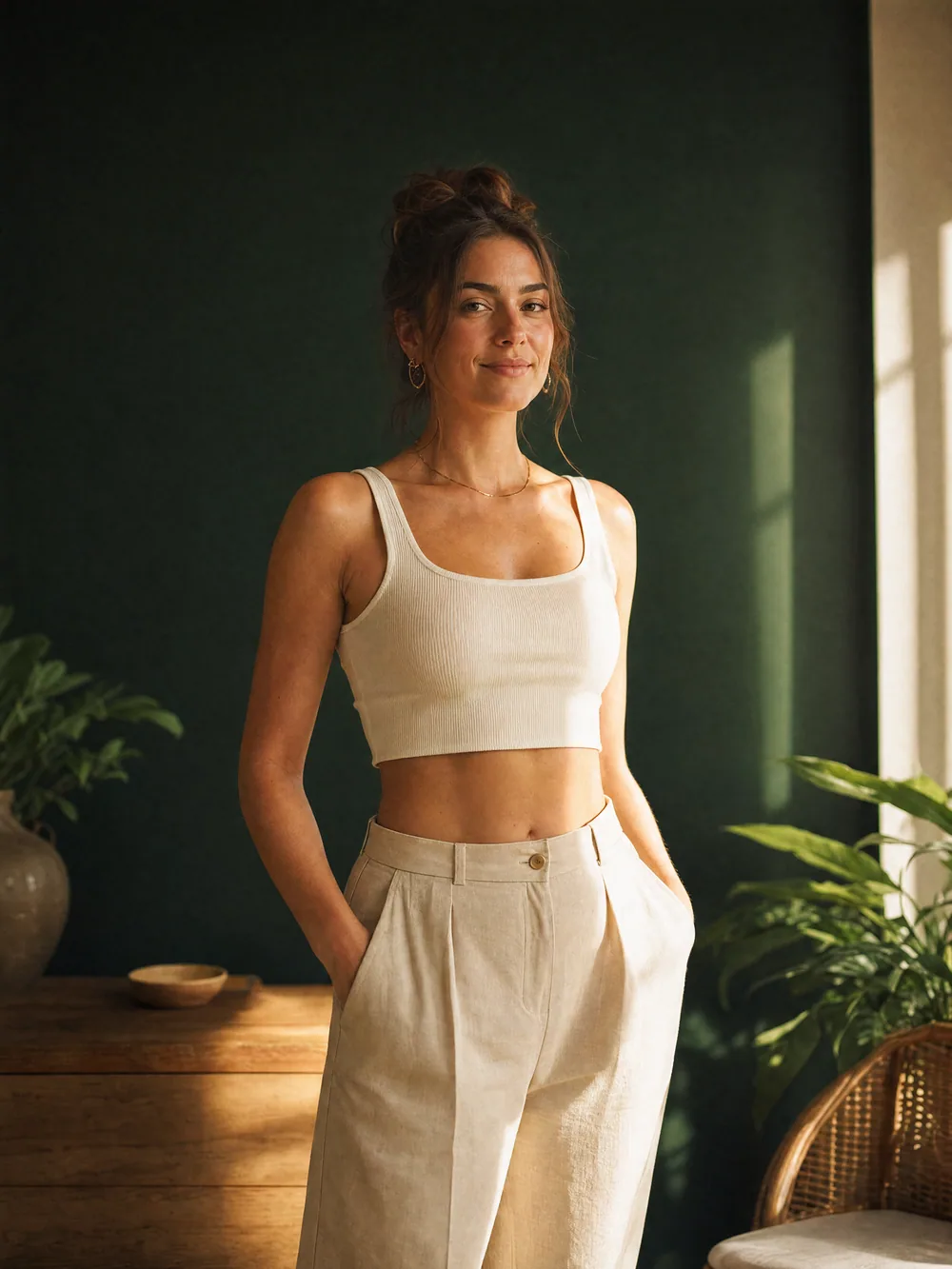 Woman standing relaxed and confident at golden hour