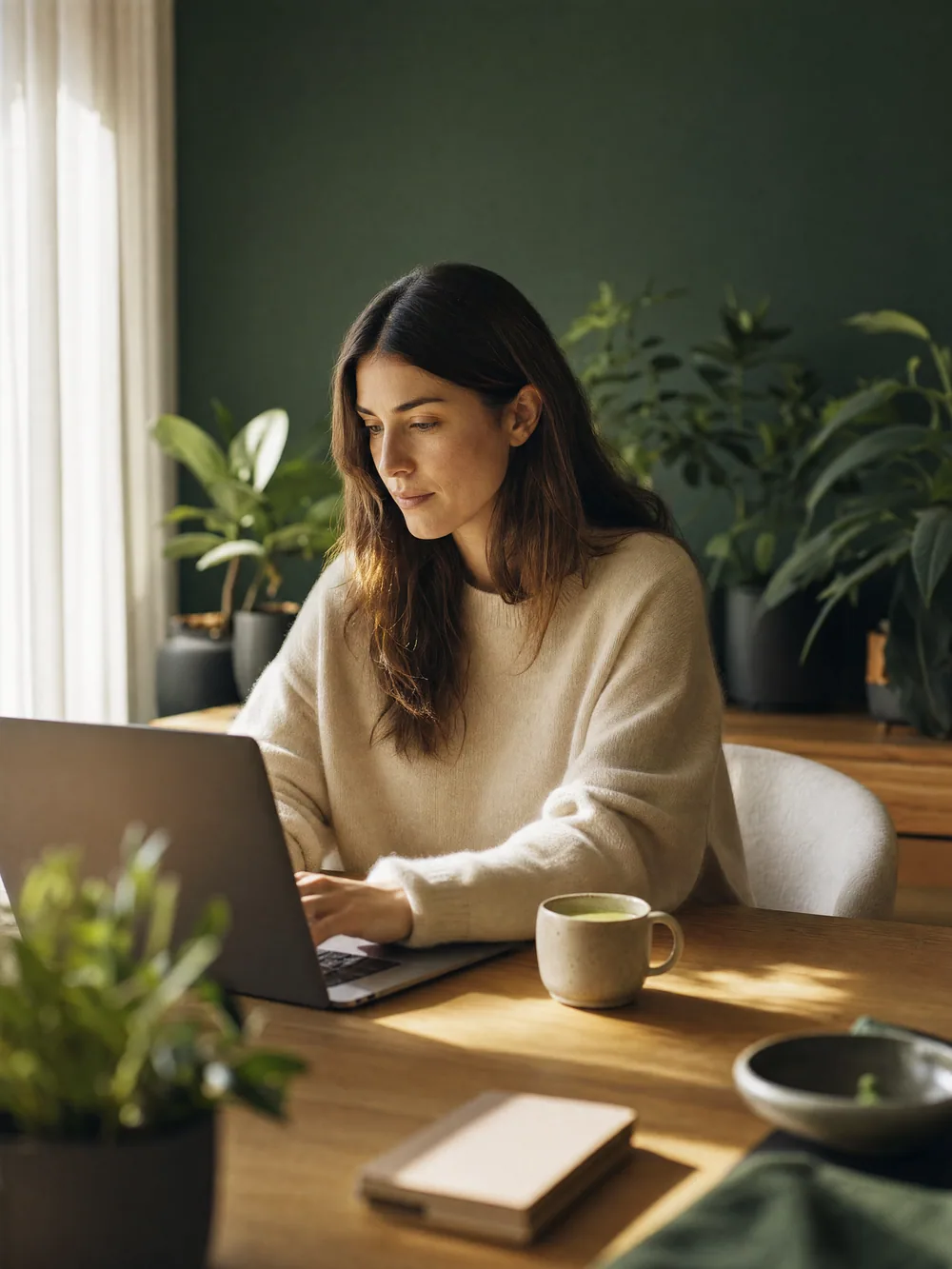 Woman working calmly at a sunlit desk