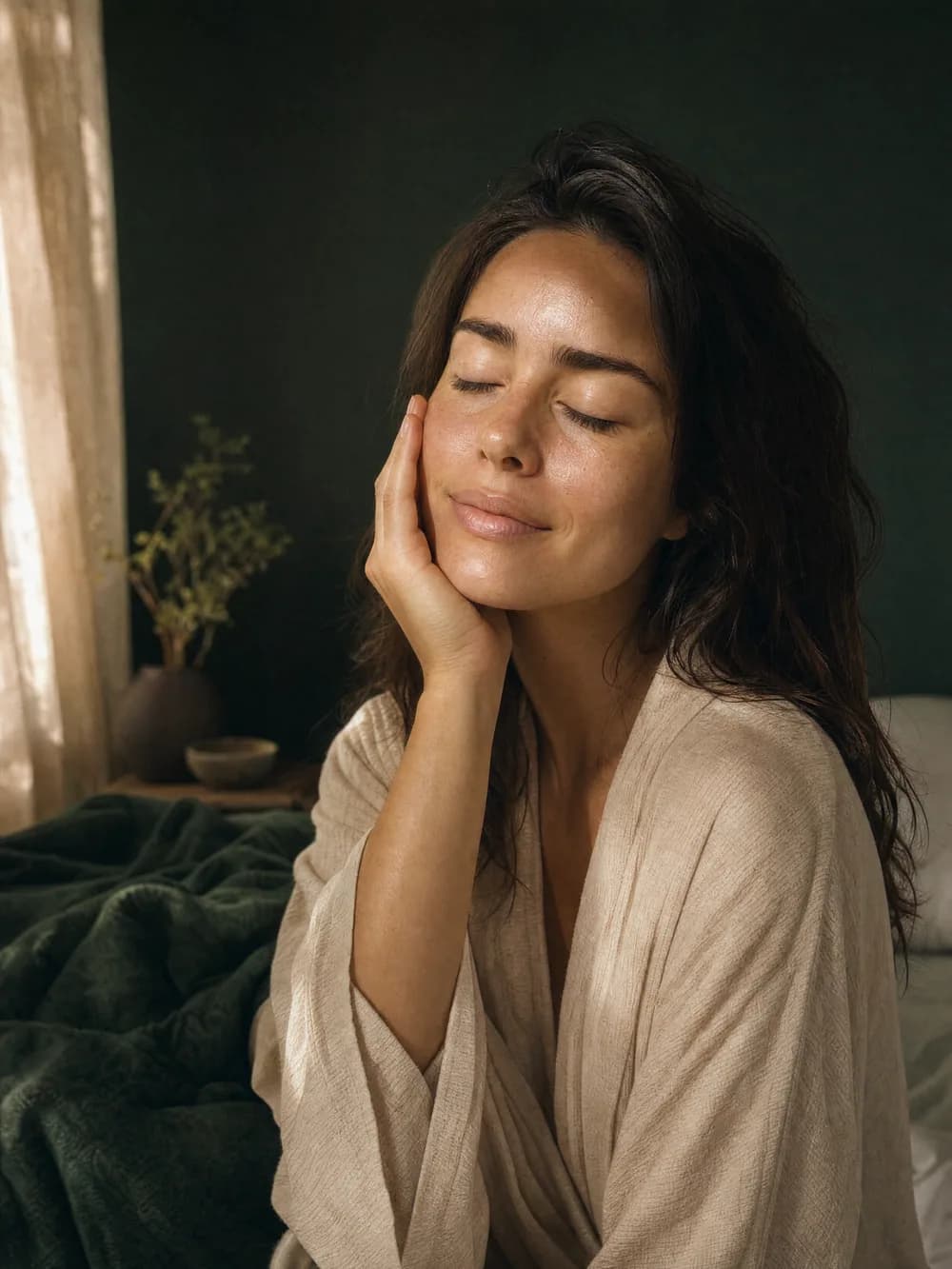 Woman with glowing skin in soft morning window light