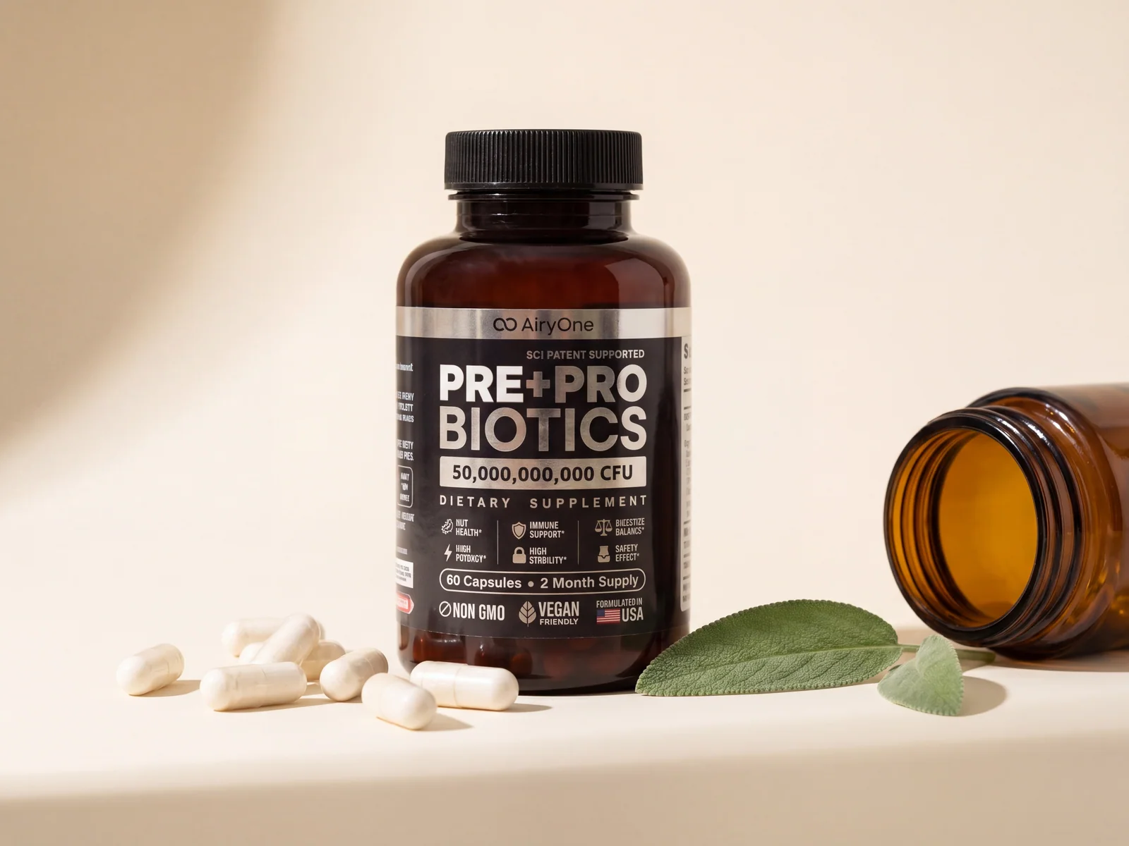 AiryOne probiotic bottle with capsules and accents on cream backdrop